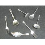 SILVER CUTLERY - a parcel to include a Georgian silver caddy spoon with pokerwork pattern into the