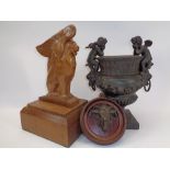 MIXED COLLECTABLES GROUP, 3 ITEMS - a stylised winged lion carved in oak on a stepped base, 35cms H,