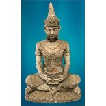GARDEN STONEWARE - reconstituted statuary depicting an Eastern Buddhist figurine seated cross legged