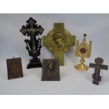 MIXED ECCLESIASTICAL TYPE METALWARE and a carved bog oak type cross, metalware includes a gilt brass