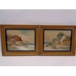 G HOLMES watercolours, a pair - Coastal scenes with thatched cottages and boat to background, 21 x