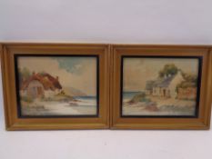 G HOLMES watercolours, a pair - Coastal scenes with thatched cottages and boat to background, 21 x