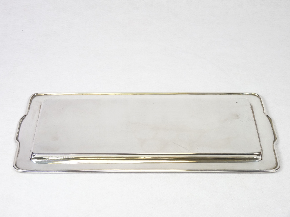 A PLAIN OBLONG SILVER DRINKS TRAY - Birmingham 1935, 14.5ozs, 33cms L, 16cms W - Image 2 of 2