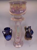 PINK LUSTRE POTTERY JARDINIERE ON STAND, Flo Blue vase and a Windstone Editions Wizard figurine