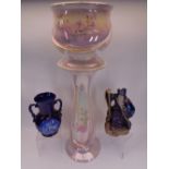 PINK LUSTRE POTTERY JARDINIERE ON STAND, Flo Blue vase and a Windstone Editions Wizard figurine