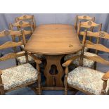 OLD CHARM STYLE EXTENDING DINING TABLE & SIX (4+2) UPHOLSTERED SEAT DINING CHAIRS - 75cms H,