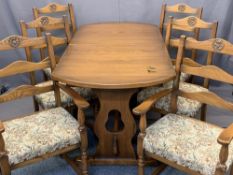 OLD CHARM STYLE EXTENDING DINING TABLE & SIX (4+2) UPHOLSTERED SEAT DINING CHAIRS - 75cms H,