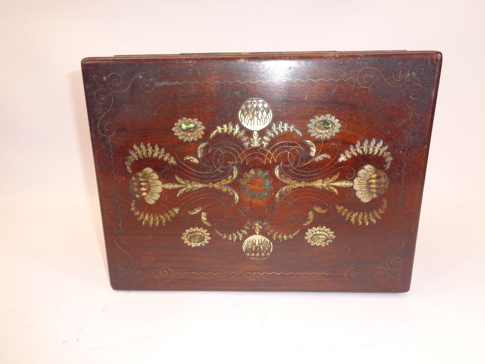 VICTORIAN INLAID ROSEWOOD TRAVEL BOX - brass, bone, mother of pearl and abalone decoration, velvet - Image 2 of 3