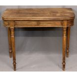 FOLDOVER TEA TABLE - mahogany on turned supports, 73cms H, 91cms W, 45cms D (closed)