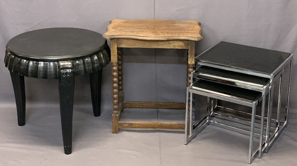 VINTAGE & ULTRA MODERN OCCASIONAL TABLES to include a set of three chrome and black glass, 50cms