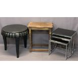 VINTAGE & ULTRA MODERN OCCASIONAL TABLES to include a set of three chrome and black glass, 50cms