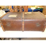 WOODEN BANDED VINTAGE STEAMER TRUNK - 30cms H, 83cms W, 49cms D