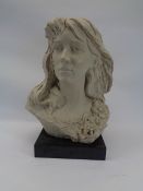 COMPOSITION CLAY FORM BUST - a woman's head and shoulders with flowing hair and floral detail on a