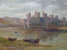 UNSIGNED 19TH CENTURY oil on canvas - Conwy Castle with figures and small boats, 59 x 89cms