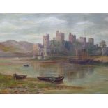 UNSIGNED 19TH CENTURY oil on canvas - Conwy Castle with figures and small boats, 59 x 89cms