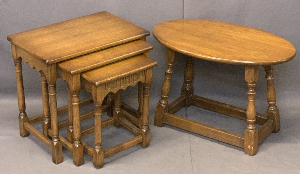 REPRODUCTION OAK OCCASIONAL TABLES including a set of three on turned and block supports, 48cms H,