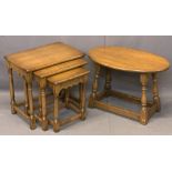 REPRODUCTION OAK OCCASIONAL TABLES including a set of three on turned and block supports, 48cms H,