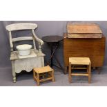 MIXED VINTAGE & LATER FURNITURE PARCEL, 6 ITEMS - a vintage commode, hexagonal top table, two string