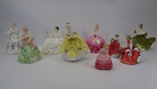 ROYAL DOULTON LADY FIGURINES (8) and one Royal Worcester titled 'First Dance 3629', the Doulton's