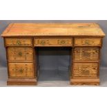 CIRCA 1900 PITCH PINE PEDESTAL DESK Stamped 'W Snowdon Rochdale', aesthetic movement style with