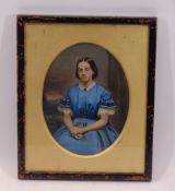 OIL PAINTED PHOTOGRAPHIC NEGATIVE GLASS PLATE - portrait study of a demure young woman in a blue