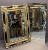 STYLISH MODERN WALL MIRRORS (2) - an unframed example with bevel edged detail, 27cms H, 61cms W