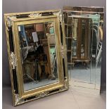 STYLISH MODERN WALL MIRRORS (2) - an unframed example with bevel edged detail, 27cms H, 61cms W
