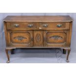 EDWARDIAN SIDEBOARD - with two drawers over two door cupboard with carved panels, 93cms H, 138cms w,