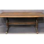 ERCOL OAK REFECTORY STYLE DINING TABLE - on pegged supports, 72cms H, 180cms L, 79.5cms W