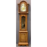 REPRODUCTION YEW WOOD CASED GRANDMOTHER CLOCK - marked 'Tempus Fugit' to the arched dial, triple