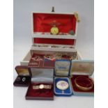 VICTORIAN & LATER JEWELLERY, WATCHES ETC IN A VINTAGE JEWELLERY BOX to include a Miracle stone set