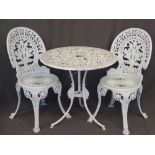 GARDEN FURNITURE - white painted circular metalware table, 69cms diameter and two chairs