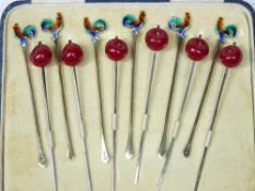 COCKTAIL STICKS - 1. A set of six with fine cockerel enamelled finials, Birmingham 1932, 0.5ozs,