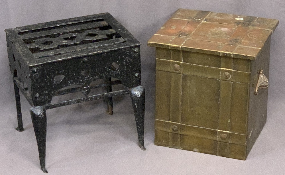 CAST IRON FOOTMAN & A BRASS TWO-HANDLED SQUARE TOPPED COAL BOX with banded detail, 38cms H, 35cms W,