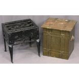 CAST IRON FOOTMAN & A BRASS TWO-HANDLED SQUARE TOPPED COAL BOX with banded detail, 38cms H, 35cms W,