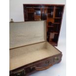 CHINESE HARDWOOD WALL HANGING DISPLAY RACK & A VINTAGE SUITCASE, 57.5cms H, 50cms W, 11cms D and