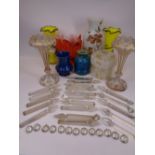 VICTORIAN LUSTRES & MIXED COLOURFUL GLASSWARE - the lustres in white and gilt decorated overlay