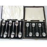SILVER COFFEE SPOONS - 1. A cased set of six with shaped and tapered handles, Sheffield 1938, 2.3ozs