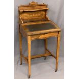 A LADY'S WRITING DESK - Rosewood with inlay, tooled top on tapered supports, 106cms H, 52.5cms W,
