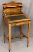 A LADY'S WRITING DESK - Rosewood with inlay, tooled top on tapered supports, 106cms H, 52.5cms W,