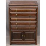 CHINESE HARDWOOD COLLECTOR'S CHEST of five baize line drawers over twin lower cupboard doors, 91.