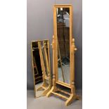 MODERN PINE CHEVAL DRESSING MIRROR and a gilt frame wall mirror, 149cms H, 51cms W and 94cms H x