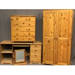 MODERN PINE BEDROOM FURNITURE - two door wardrobe, 183cms H, 93cms W, 61cms D, five drawer chest,