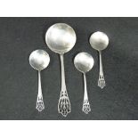SILVER SPOONS - a set of four spoons, a server with circular bowl and three matching small spoons,