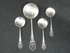 SILVER SPOONS - a set of four spoons, a server with circular bowl and three matching small spoons,