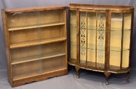 VINTAGE WALNUT CHINA DISPLAY CABINET and a glass fronted teak bookcase, 114cms H, 102cms W, 31cms