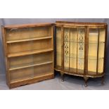 VINTAGE WALNUT CHINA DISPLAY CABINET and a glass fronted teak bookcase, 114cms H, 102cms W, 31cms