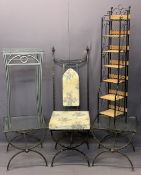 ULTRA MODERN METALWORK FURNITURE, 5 ITEMS - a high back hall chair, 131cms H, 46.5cms W, 46cms