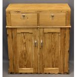 STRIPPED PINE VINTAGE CUPBOARD having two upper drawers and twin lower cupboard doors, 85cms H,