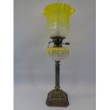 VICTORIAN OIL LAMP & SHADE - brass fluted column on a stepped base with yellow Milk glass font,